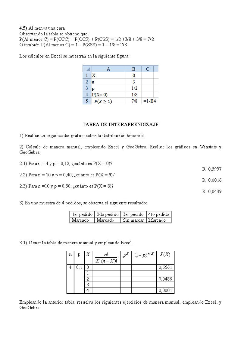 Distribución Binomial Con Excel Winstats Y Geogebra